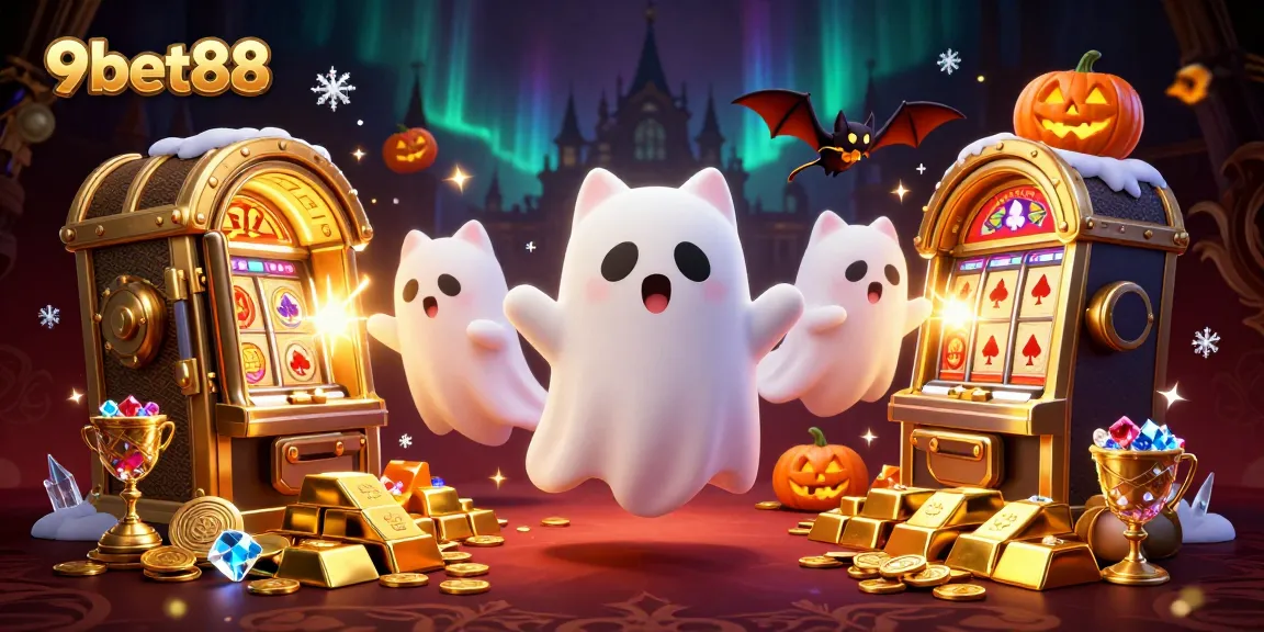 Immerse in the vibrant world of 9bet88 with a friendly ghost cat in a haunted casino, floating among sparkling treasures.