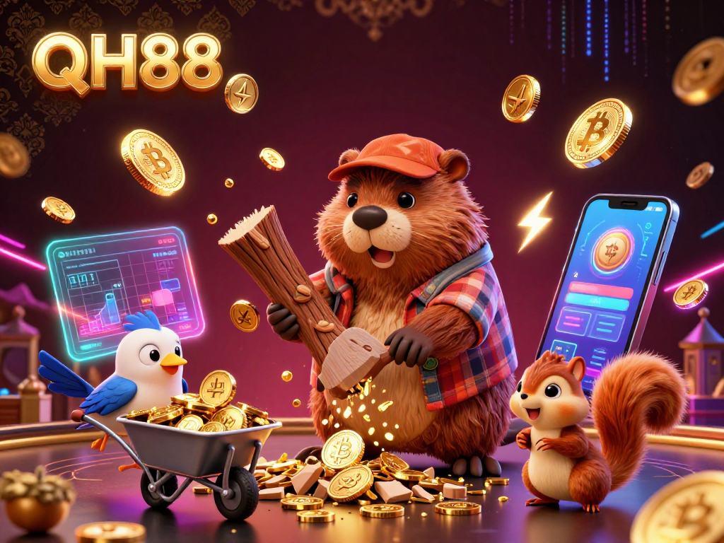 QH88 casino scene showing a beaver collecting golden coins with Bitcoin and Ethereum elements.