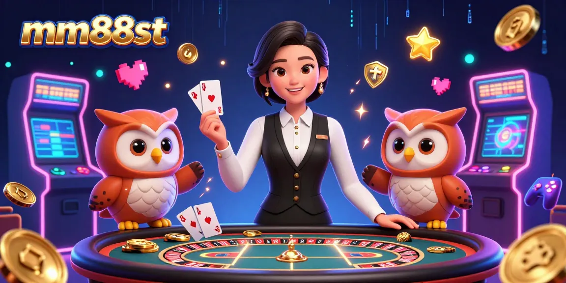 Win big at mm88st with an exciting illustration of Asian dealers and vibrant gaming elements.