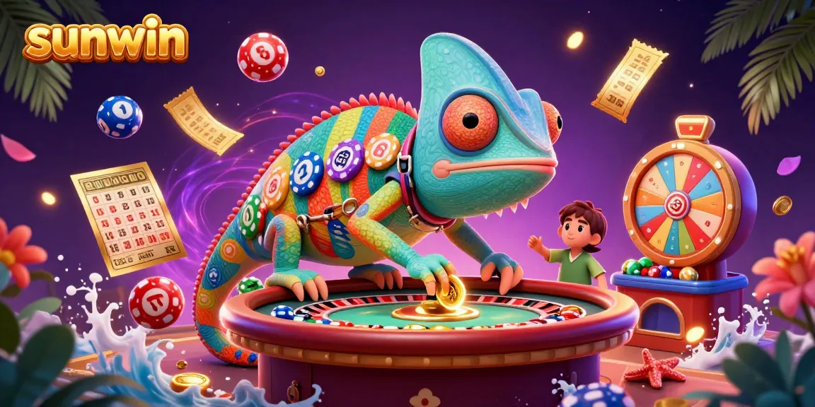 Experience the excitement of sunwin with vibrant casino elements and a colorful chameleon owner.