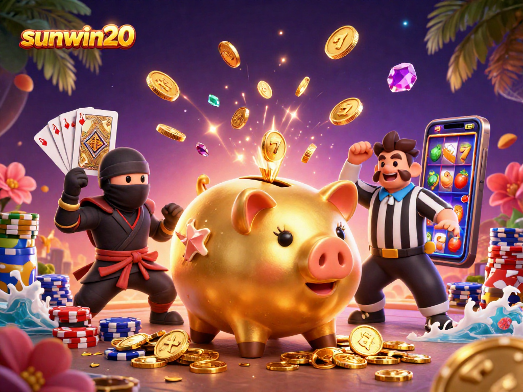 Experience the excitement of sunwin20 with a dynamic scene showcasing casino action and vibrant characters.