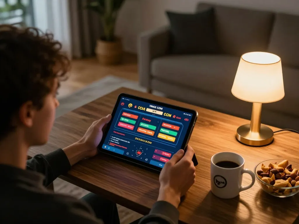 Engaging player exploring VMAX COM betting interface in a cozy home gaming setup