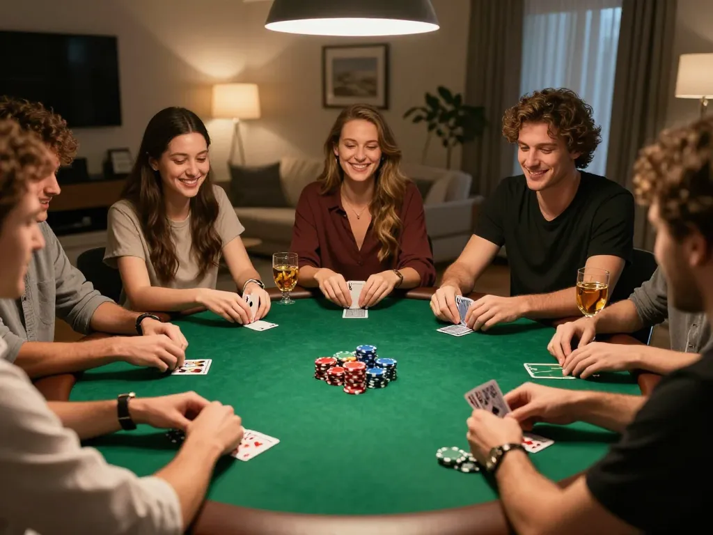 Jun88 players enjoying a poker game night with friends, showcasing camaraderie and strategy.