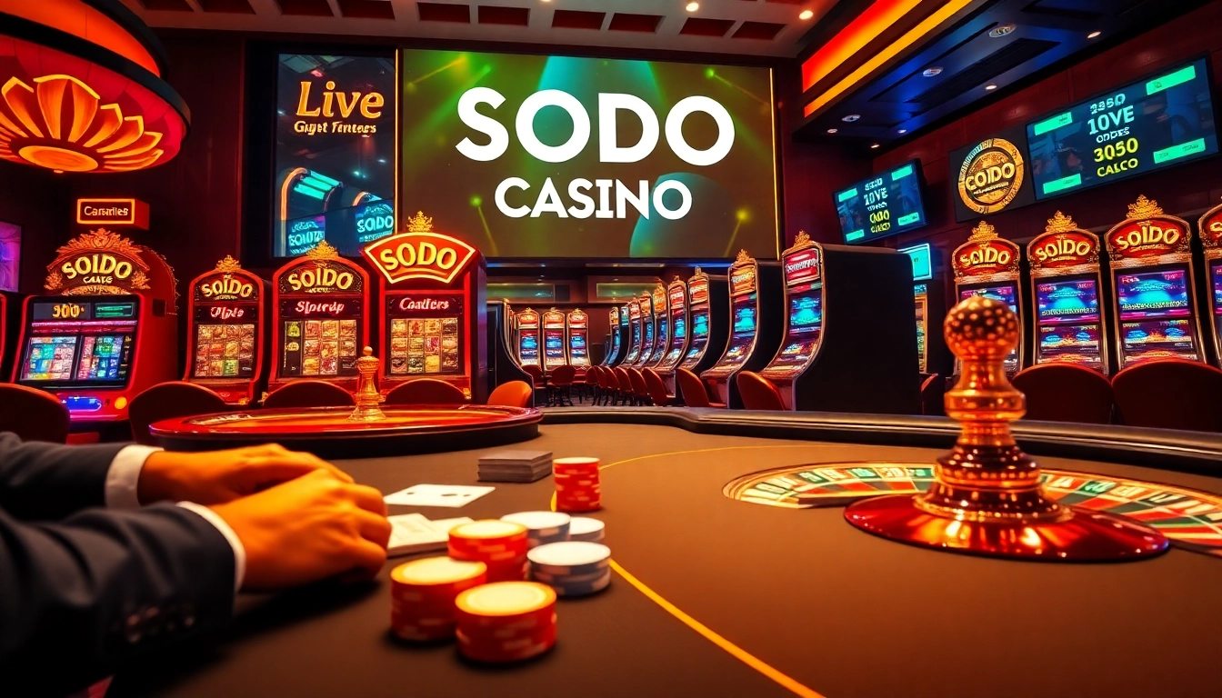 SODO CASINO gaming table with vibrant poker chips and roulette wheel, showcasing an exciting atmosphere.