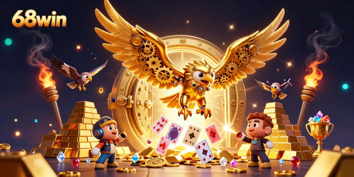 Dive into 68win's thrilling gaming experience featuring a majestic golden eagle and holographic cards.