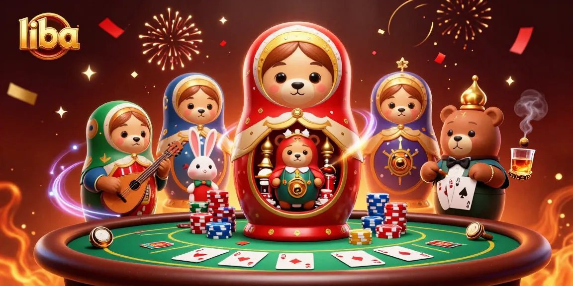 Play at liba's vibrant, dynamic casino scene featuring dealer bears and poker action.
