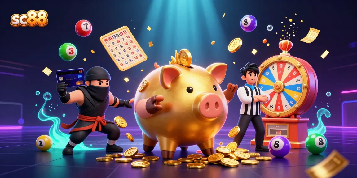 Experience thrilling games at SC88 with a lively illustration of a piggy bank wrestler, vibrant lottery elements, and dynamic action.