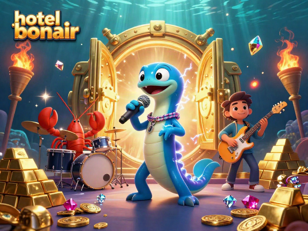 Experience vibrant underwater casino action with hotelbonair's lively musical performance illustration.