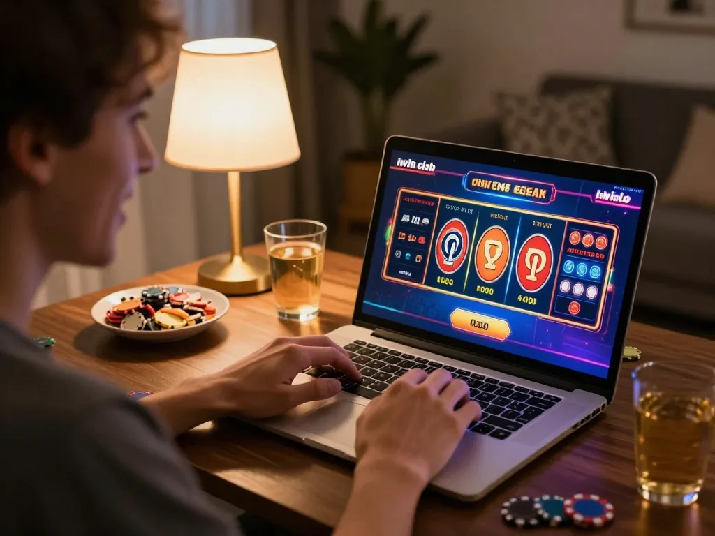 Player engaging in thrilling online gaming experience at iwin club from a cozy home setting