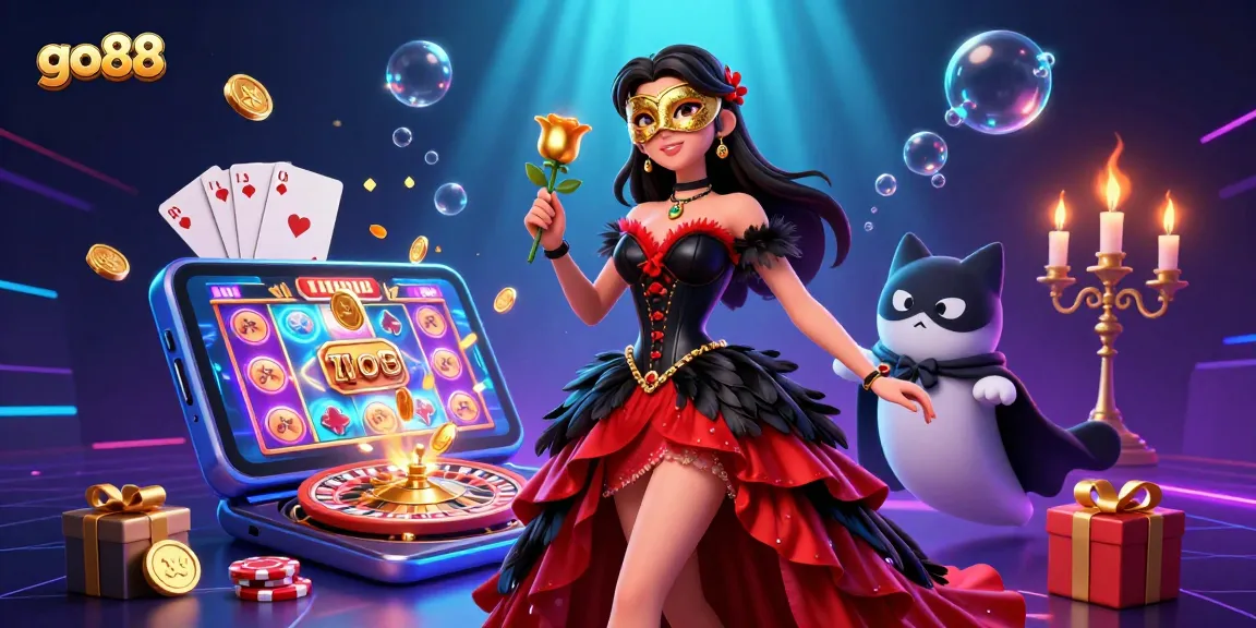 Experience thrilling moments at go88 with an elaborate casino scene featuring captivating characters, games, and vibrant decorations.