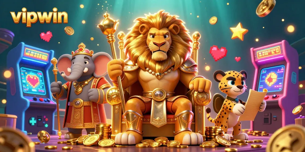 Experience excitement at vipwin through a dynamic scene featuring a lion king, wise elephant, and cheetah among casino games.
