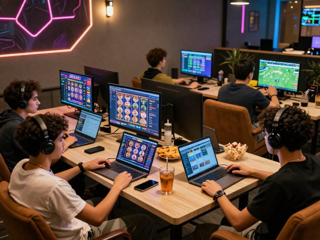 Friends enjoying non-GamStop casinos at https://neccr.org.uk in a vibrant gaming lounge.