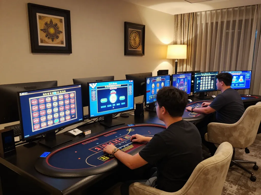 Player engaging with u888 casino games on multiple screens in a modern home office setup.