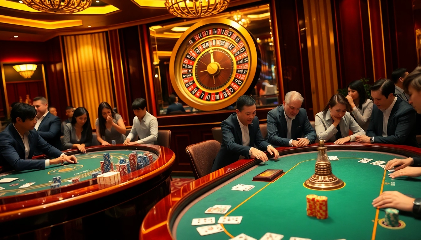 Gamblers enjoying the vibrant J88 casino experience at a luxurious betting table.