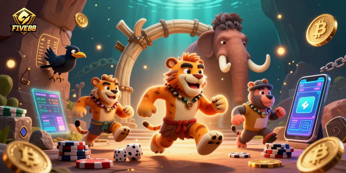 Experience excitement with FIVE88 as caveman and sabertooth tiger run a prehistoric casino adventure.