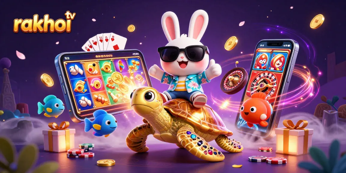 Experience rakhoi tv with a 3D cartoon rabbit and turtle in a vibrant casino scene.