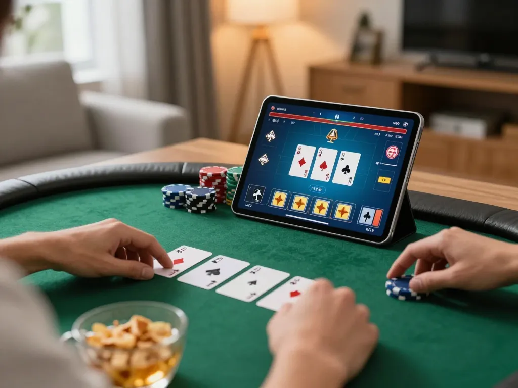 Engaged player checking fly 88 poker game on tablet with chips and snacks visible