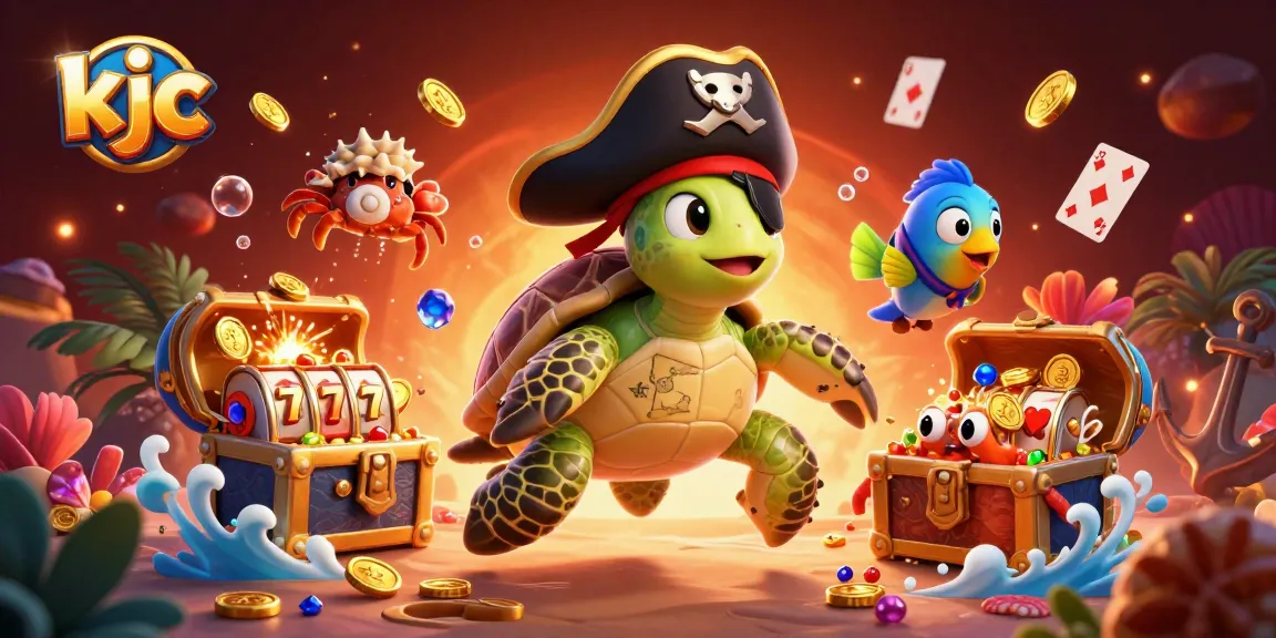 KJC's exciting gaming world comes alive with a treasure-hunting turtle and gaming symbols.