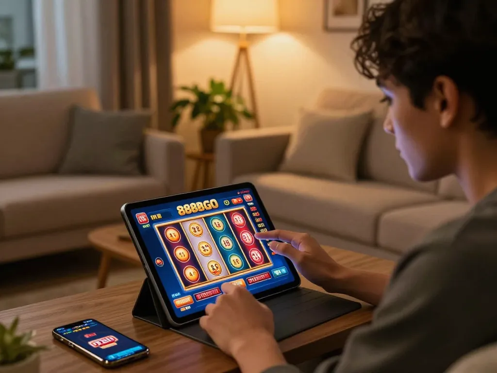 Player enjoying 888bgo app on tablet in stylish home setting, engaged in responsible online gambling.