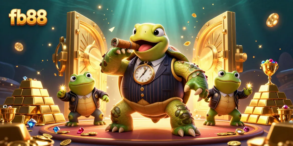 Win big at fb88 with this colorful casino-themed illustration showcasing a mobster turtle and frog enforcers.