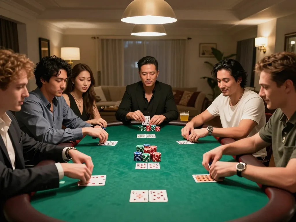 Players engaging in a thrilling poker game at home, showcasing the BL555 experience of social gambling.