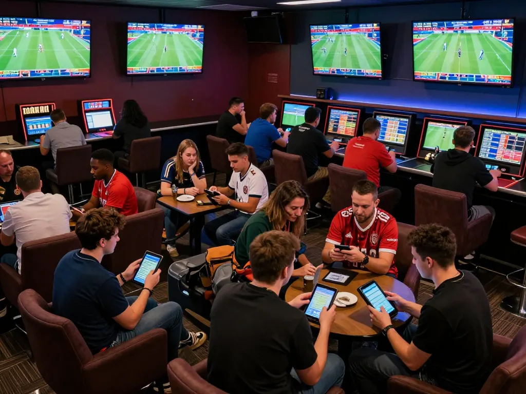 Sports fans analyzing betting odds at keonhacaii88's vibrant lounge during live matches.