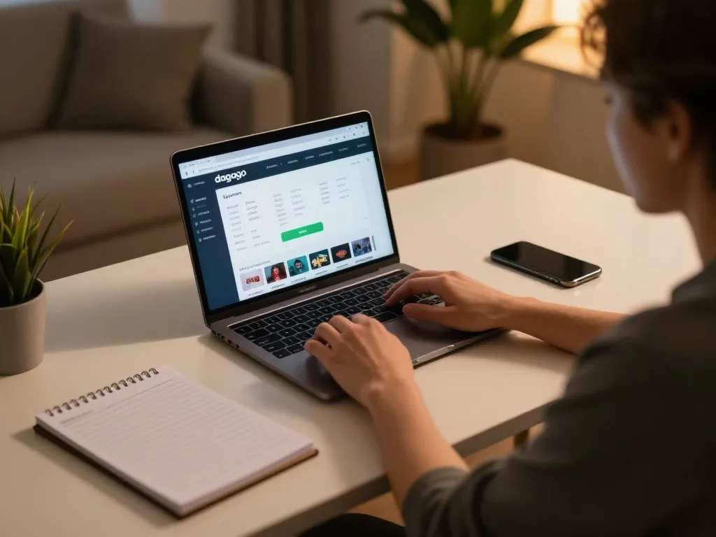 Engaging with dagago on a sleek laptop for strategic online gambling in a cozy home office