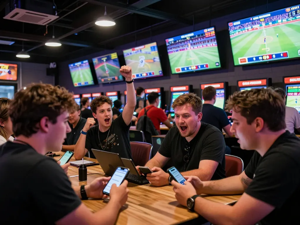 Sports betting excitement at a lively venue showcasing kèo nhà cái on digital screens.