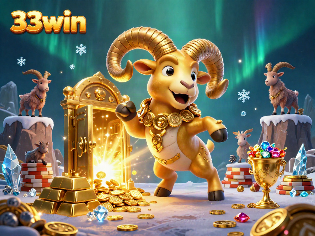 Experience excitement with 33win alongside a golden ram and treasure in a vibrant casino scene.