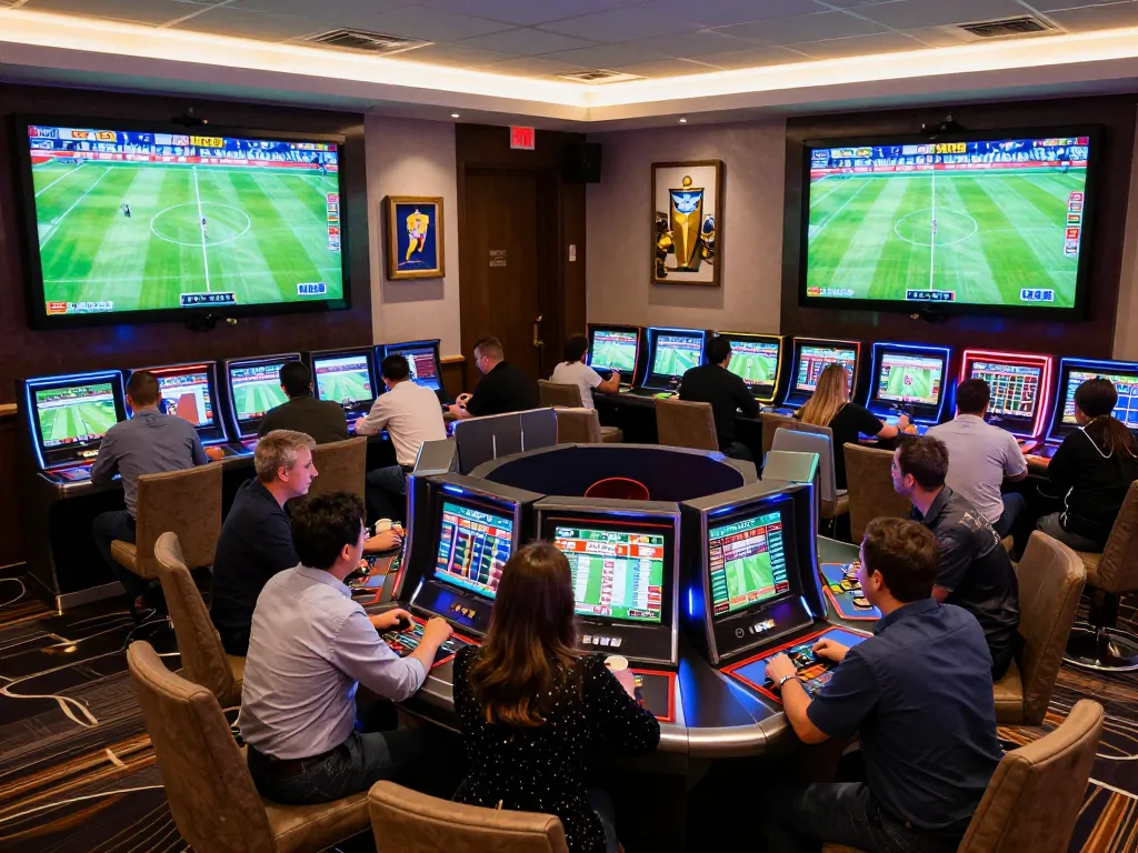 Engaged bettors analyzing keo nha cai 5 at dynamic sports betting area in a luxury casino