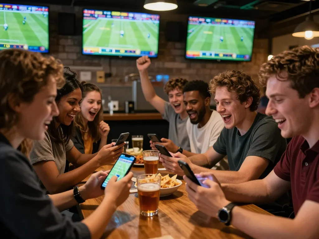 Friends engaging in fun88 sports betting while cheering for their favorite team at a lively sports bar.