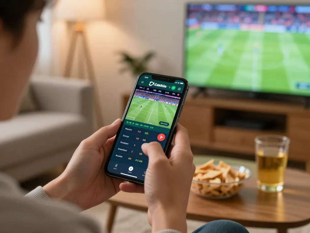 Cakhia TV app displayed on a smartphone during live sports betting, enhancing the viewing experience.