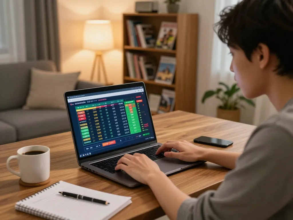Engaged user exploring keobongda for live sports betting with laptop and strategy notes in cozy home setting.