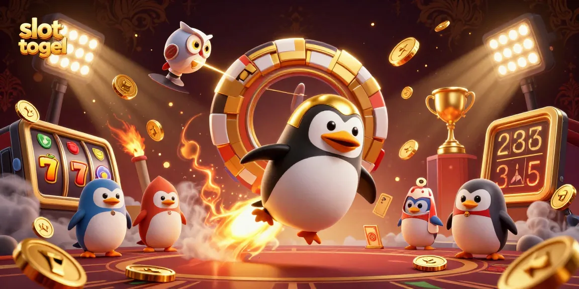 Bring the excitement of slot togel to life with a golden penguin and casino elements!