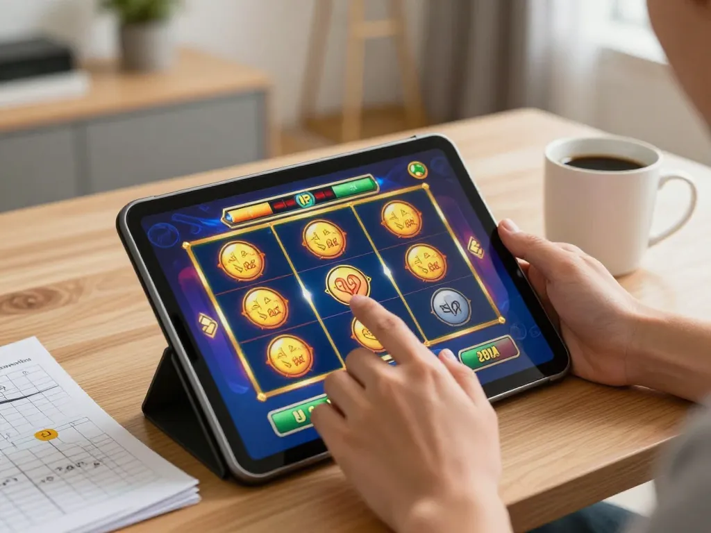 Situs slot gacor gameplay featuring a player winning on a tablet with bright visuals.
