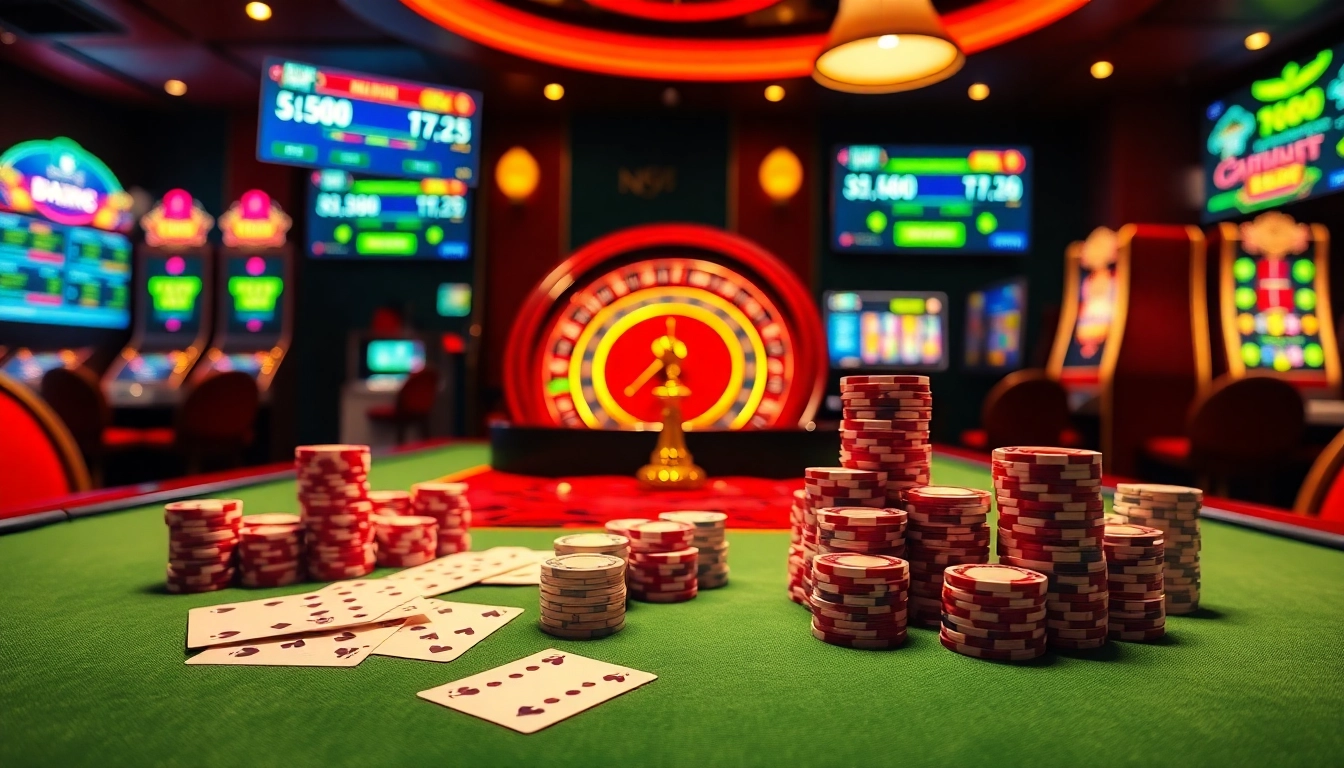 Engage with thrilling casino gameplay on https://nk88.sa.com/ featuring a luxurious poker table and vibrant slot machines.