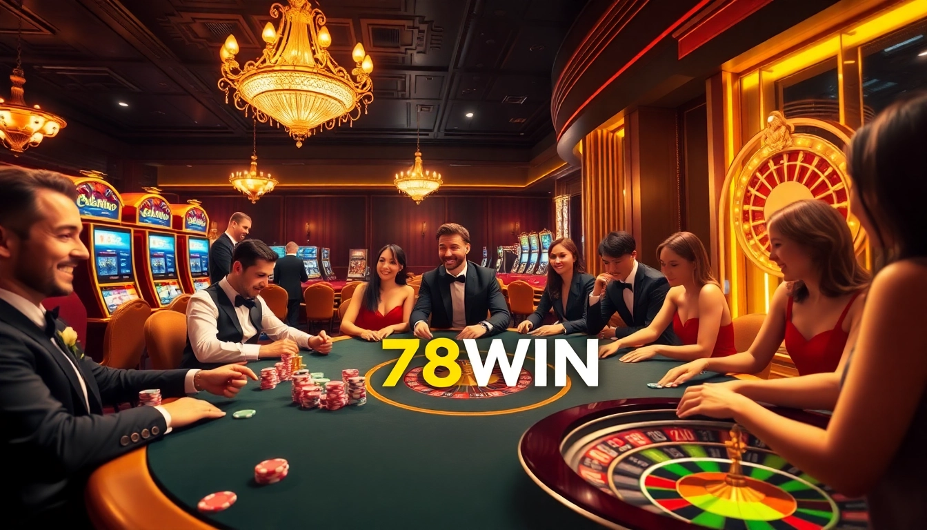 Excited players at 78WIN poker table in a luxurious casino setting.