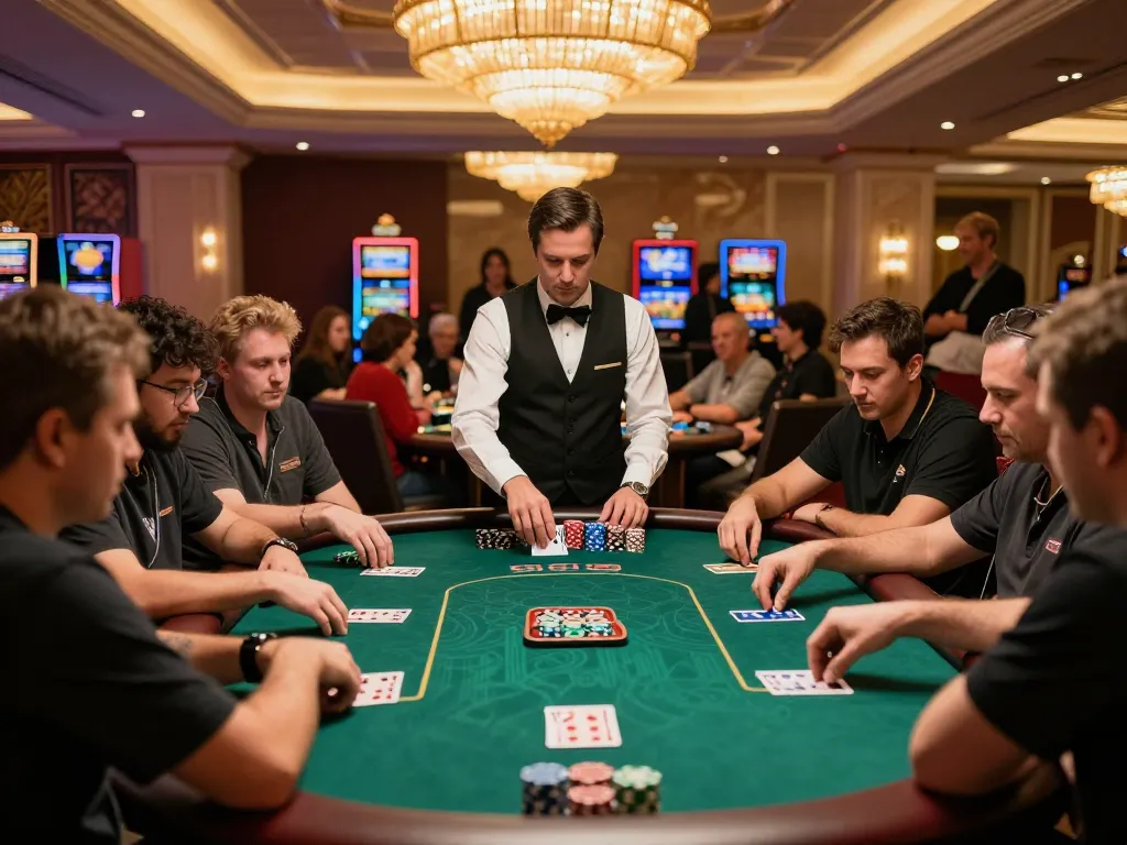 km777 players competing in luxurious poker tournament with focused gameplay and elegant casino backdrop