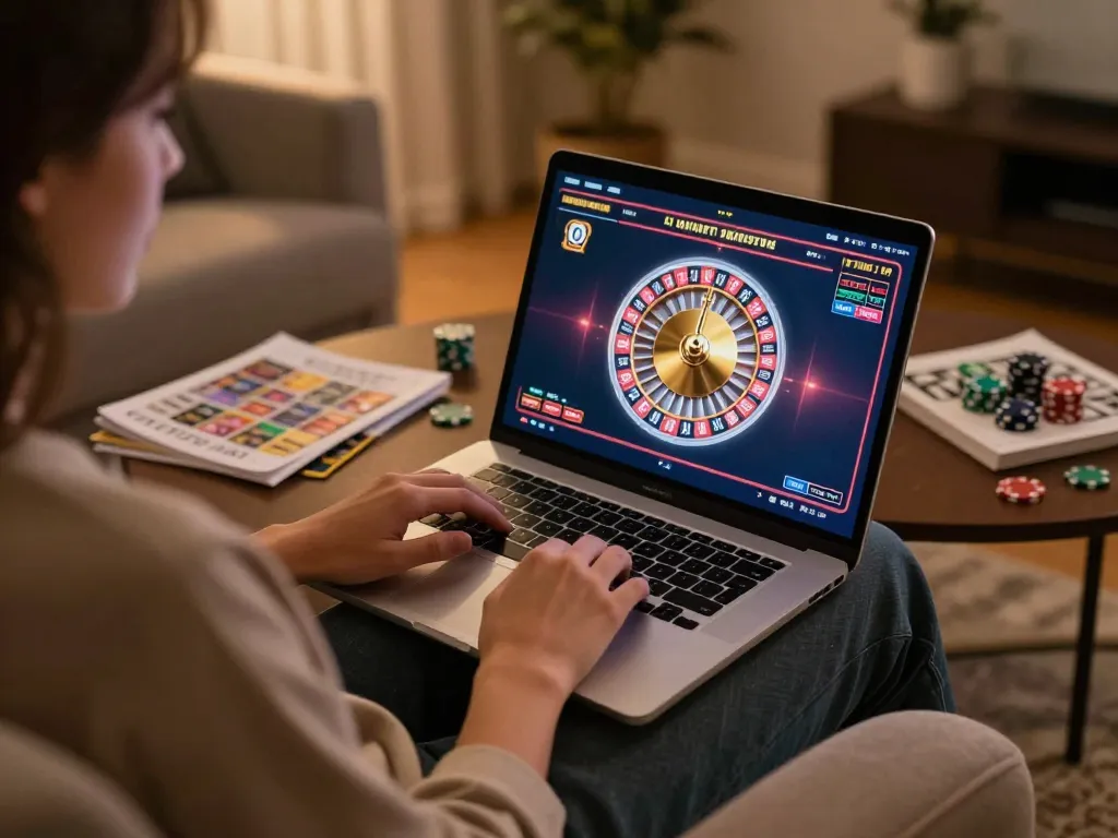 Engage in thrilling online gaming at https://bl555.agency/ with a roulette game interface on a laptop.