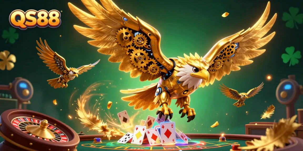 Engage with QS88's immersive live casino experience featuring golden eagle and dynamic gaming elements.