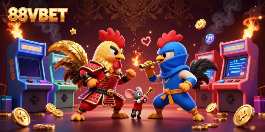 Engage with thrilling battles at 88VBET featuring dynamic roosters in an exciting casino setting.