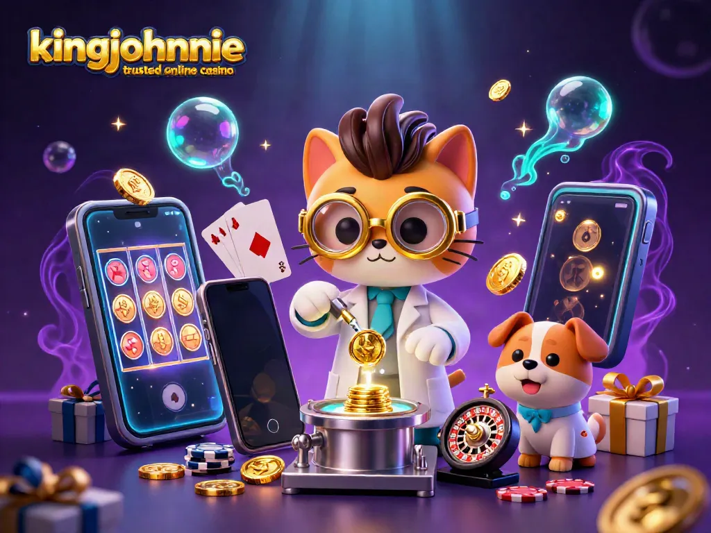 Experience the excitement of kingjohnnie trusted online casino with a mad scientist cat and dog in a vibrant lab.