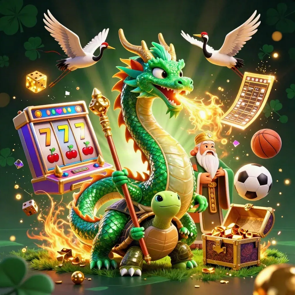 Dragon, turtle sage and cranes amid casino symbols, gold fire, and neon sports energy.