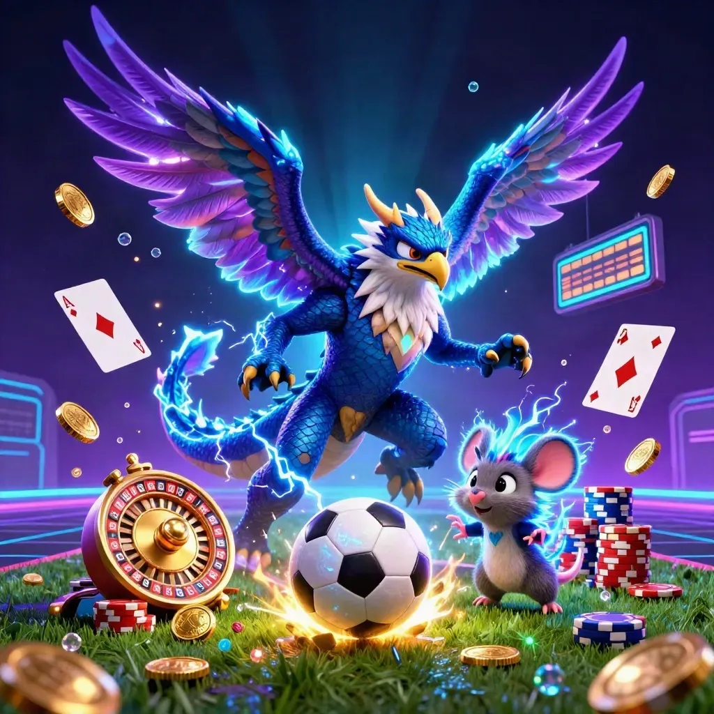 Thunder dragon, wind hawk and static mouse burst around balls, coins and neon casino energy.