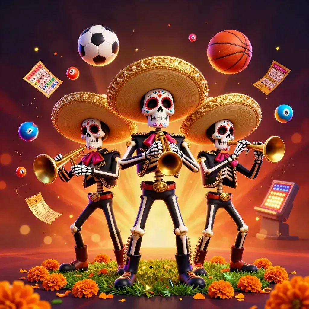 Skeleton mariachi trio with casino props, soccer ball and basketball in neon light