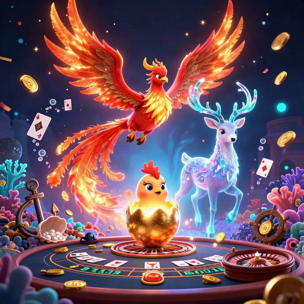 Phoenix, hatching egg, and crystal stag in a neon casino treasure cove