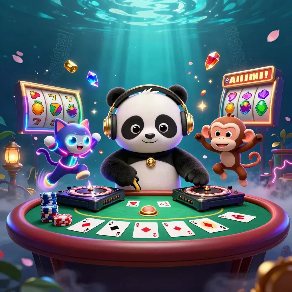 DJ panda, dancing monkey, and neon kitten with casino props bursting in an underwater glow.