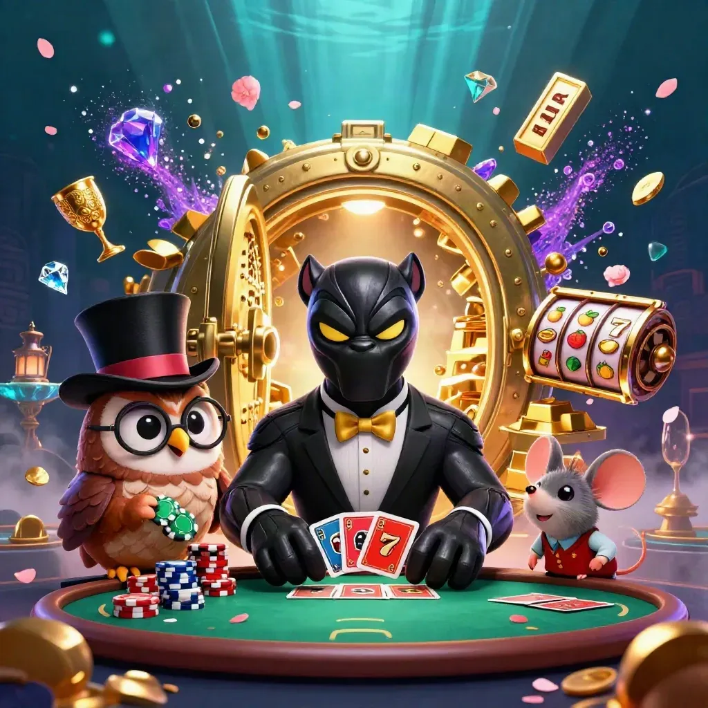 Panther, owl, and mouse casino heroes burst from a golden vault with jewels and cards