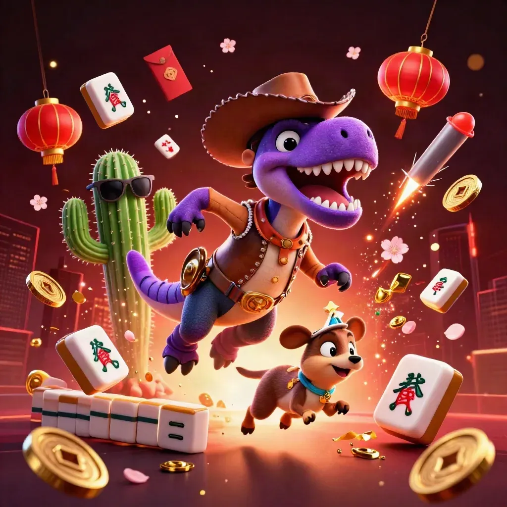 Cowboy T-Rex, cactus sidekick, and roadrunner amid bursting gems and neon casino lights