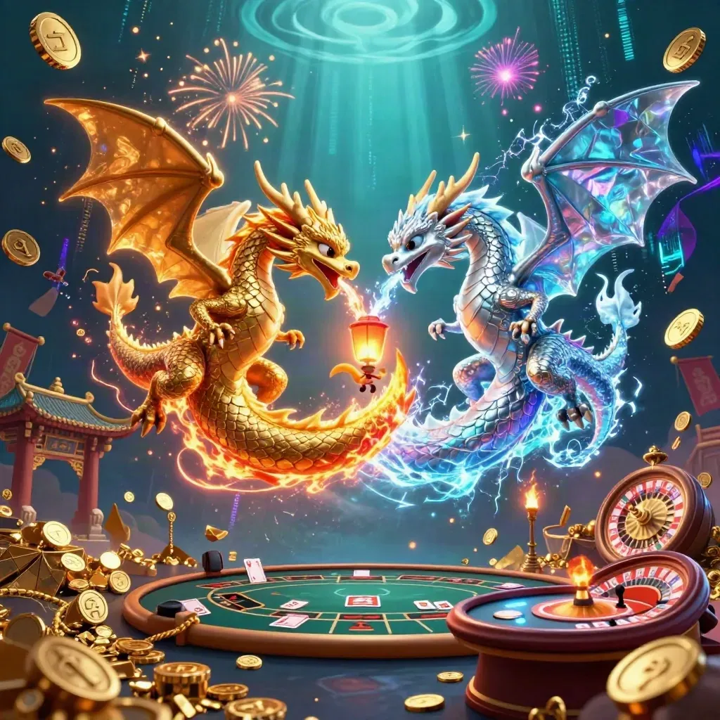 Twin gold and silver dragons spiral around a lantern spirit in neon casino chaos.